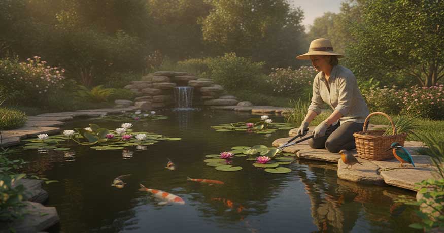 Woman tending koi pond with blooming water lilies