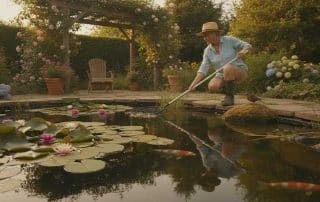 Gardener tending koi pond with blooming water lilies - 6 Easy Summer Pond Care Tips for Denver Homeowners