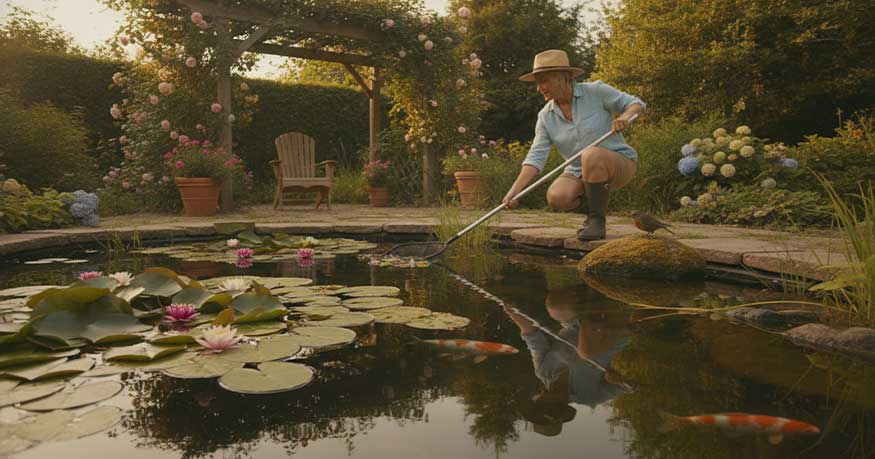 Gardener tending koi pond with blooming water lilies - 6 Easy Summer Pond Care Tips for Denver Homeowners