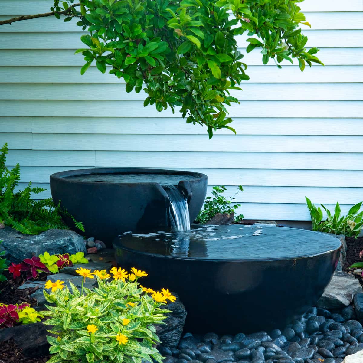 Garden water feature with plants and flowers - Spillway Bowl and Basin Fountain Kit – Patina – 32″/40″ Dia (81/102 cm)