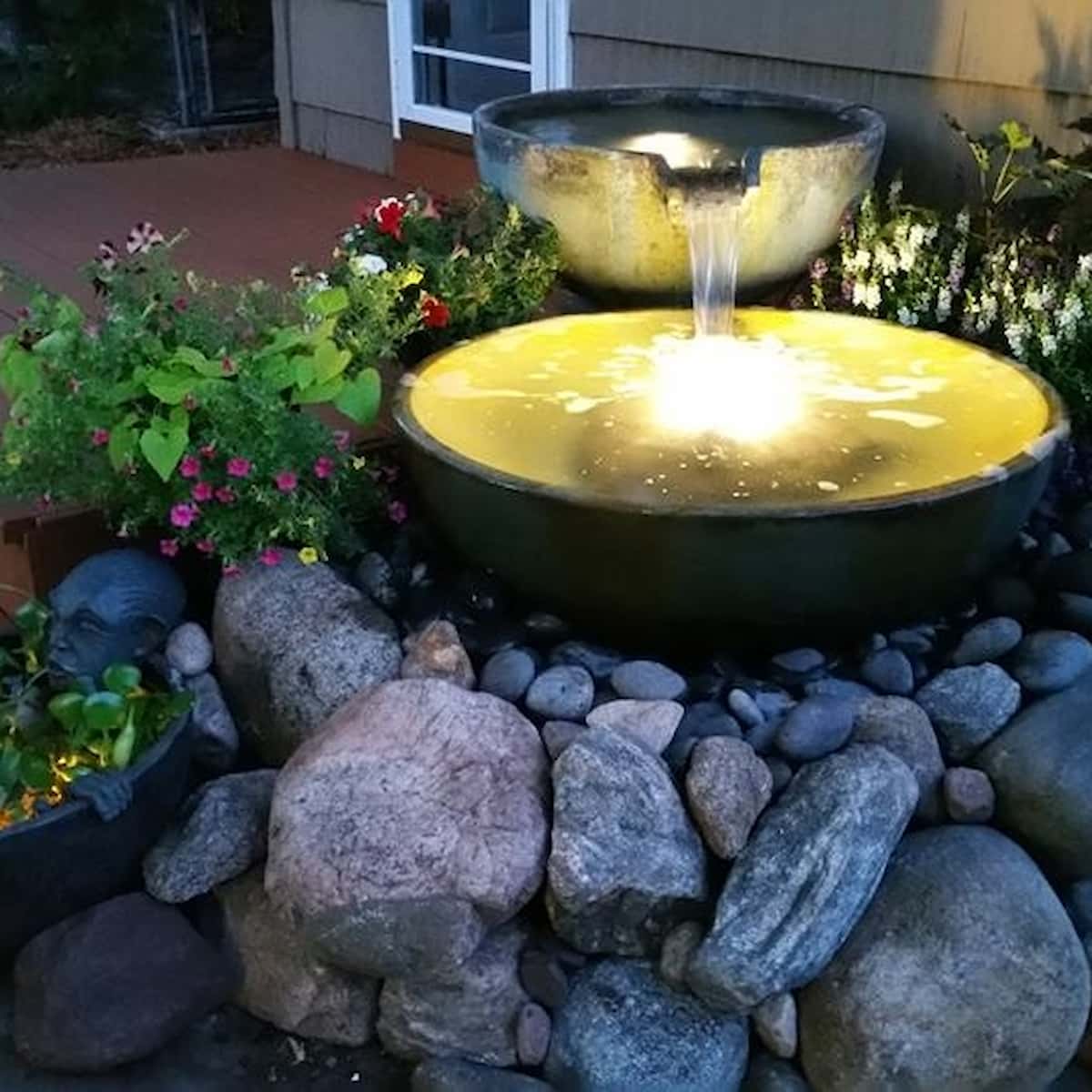 Garden waterfall fountain with rocks and flowers - Spillway Bowl and Basin Fountain Kit – Patina – 32″/40″ Dia (81/102 cm)