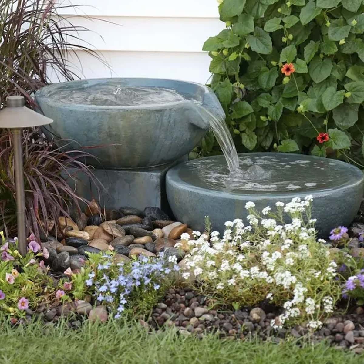 Garden water fountain with colorful flowers and stones. - Spillway Bowl and Basin Fountain Kit – Iron Ore – 19″/21″ Dia (49/52 cm)