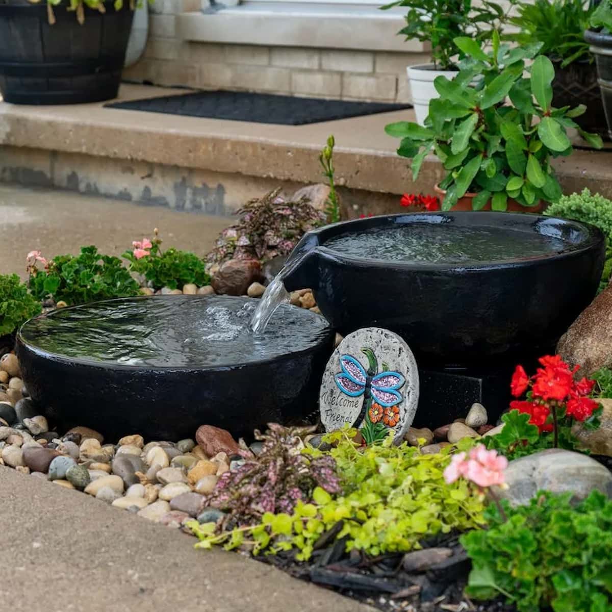 Outdoor water fountain with colorful flowers - Spillway Bowl and Basin Fountain Kit – Iron Ore – 19″/21″ Dia (49/52 cm)